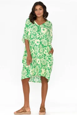Above Knee Dresses<Isabella Boho Luce Green Flower Kaftan