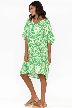 Above Knee Dresses<Isabella Boho Luce Green Flower Kaftan