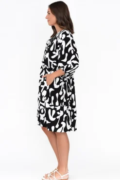 Sleeved Dresses<New U Collection Lyric Black Abstract Pocket Dress