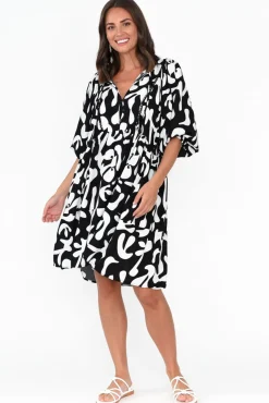 Sleeved Dresses<New U Collection Lyric Black Abstract Pocket Dress