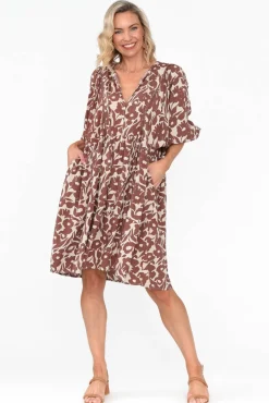Above Knee Dresses<New U Collection Lyric Brown Floral Pocket Dress