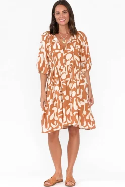 Below Knee Dresses<New U Collection Lyric Rust Abstract Pocket Dress