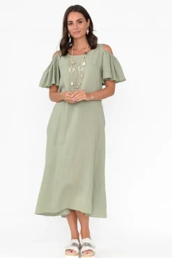 Linen Dresses<La Strada Mabrie Khaki Linen Cold Shoulder Dress