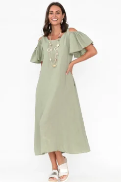 Linen Dresses<La Strada Mabrie Khaki Linen Cold Shoulder Dress
