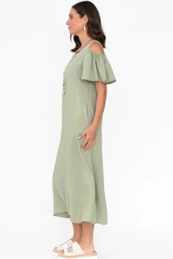 Linen Dresses<La Strada Mabrie Khaki Linen Cold Shoulder Dress