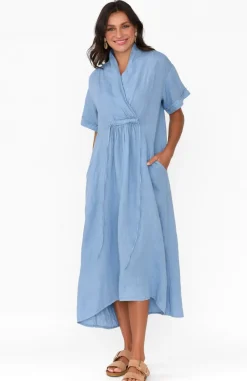 Linen Dresses<La Strada Madge Blue Linen Pocket Dress