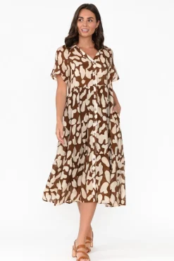 Cotton Dresses<Cali and Co Maelle Brown Abstract Cotton Tier Dress
