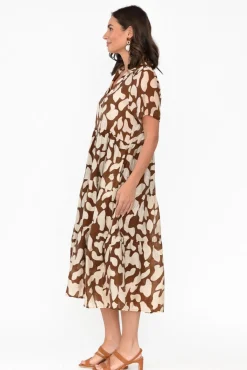 Cotton Dresses<Cali and Co Maelle Brown Abstract Cotton Tier Dress