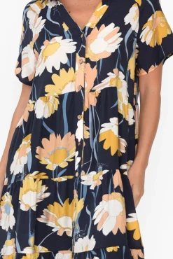 Cotton Dresses<Cali and Co Maelle Navy Flower Cotton Tier Dress