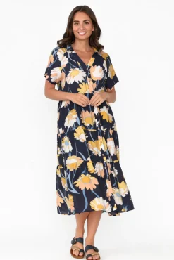 Cotton Dresses<Cali and Co Maelle Navy Flower Cotton Tier Dress