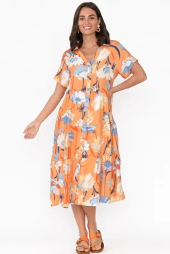 Cotton Dresses<Cali and Co Maelle Orange Flower Cotton Tier Dress