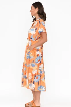 Cotton Dresses<Cali and Co Maelle Orange Flower Cotton Tier Dress