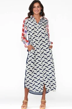 Maxi Dresses<Italian Star Maeva Navy Geometric Shirt Dress