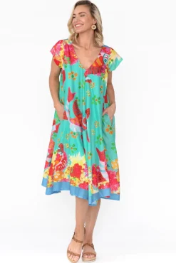 Cotton Dresses<Mozaic Maheno Teal Sea Cotton Midi Dress