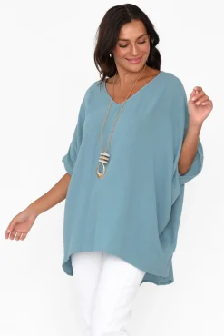 Cotton Tops<La Mode Maida Blue Cotton V Neck Top