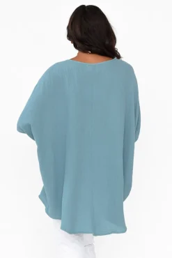 Cotton Tops<La Mode Maida Blue Cotton V Neck Top