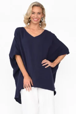 Cotton Tops<La Mode Maida Navy Cotton V Neck Top