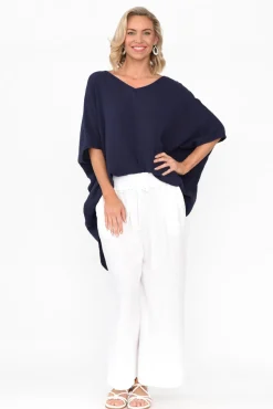 Cotton Tops<La Mode Maida Navy Cotton V Neck Top