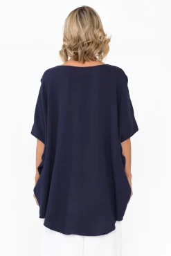 Cotton Tops<La Mode Maida Navy Cotton V Neck Top