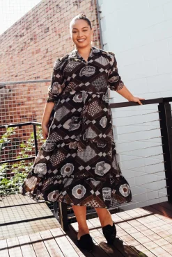 Midi Dresses<New U Collection Malcolm Brown Geo Frill Dress