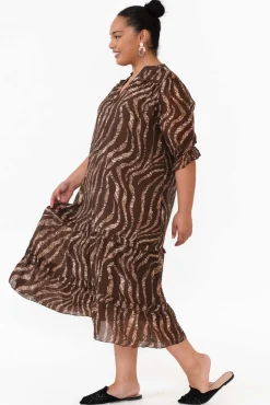 Midi Dresses<New U Collection Malcolm Brown Leopard Frill Dress