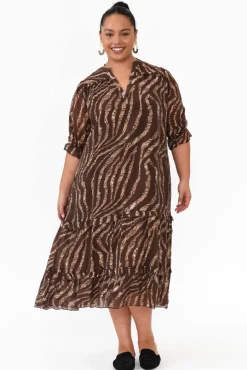 Midi Dresses<New U Collection Malcolm Brown Leopard Frill Dress