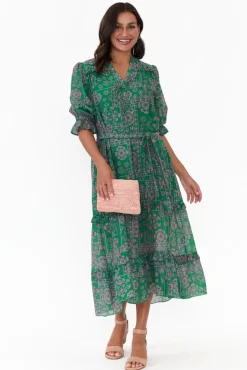 Midi Dresses<New U Collection Malcolm Green Paisley Frill Dress
