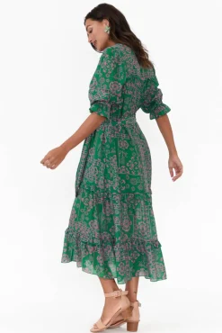 Midi Dresses<New U Collection Malcolm Green Paisley Frill Dress