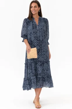 Midi Dresses<New U Collection Malcolm Navy Paisley Frill Dress