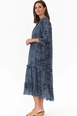 Midi Dresses<New U Collection Malcolm Navy Paisley Frill Dress