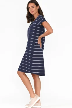Above Knee Dresses<One Ten Willow Mandy Navy Pinstripe Cotton Tee Dress