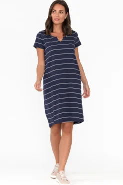 Above Knee Dresses<One Ten Willow Mandy Navy Pinstripe Cotton Tee Dress