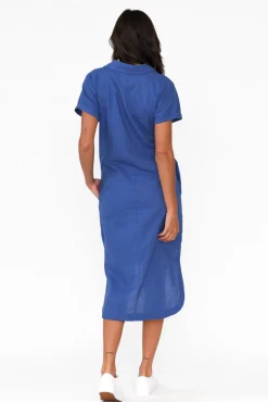 Linen Dresses<Cali and Co Mareli Cobalt Linen Blend Dress