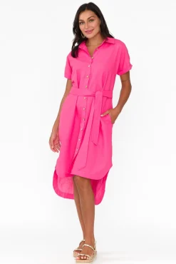 Linen Dresses<Cali and Co Mareli Hot Pink Linen Blend Dress