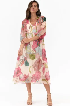 Midi Dresses<La Strada Maribel Pink Flower Silk Dress