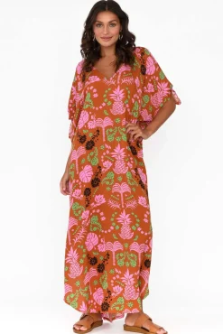 Maxi Dresses<Isabella Boho Marika Rust Tropical Cold Shoulder Kaftan