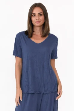 Cotton Tops<Cotton Village Marley Navy Crinkle Cotton Short Sleeve Top