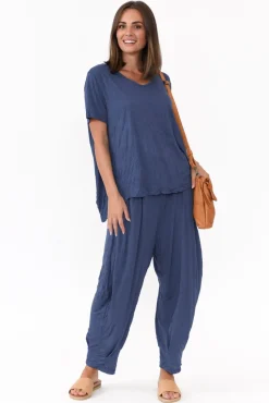 Cotton Tops<Cotton Village Marley Navy Crinkle Cotton Short Sleeve Top