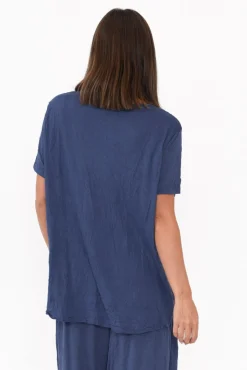 Cotton Tops<Cotton Village Marley Navy Crinkle Cotton Short Sleeve Top