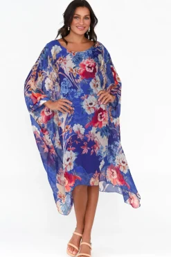 Below Knee Dresses<AE Luxe Marybeth Cobalt Floral Silk Kaftan