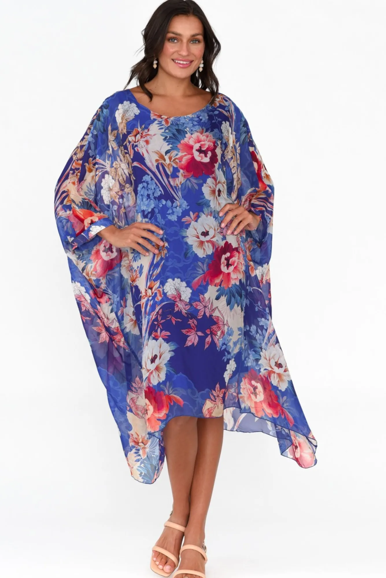 Below Knee Dresses<AE Luxe Marybeth Cobalt Floral Silk Kaftan