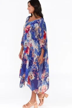 Below Knee Dresses<AE Luxe Marybeth Cobalt Floral Silk Kaftan