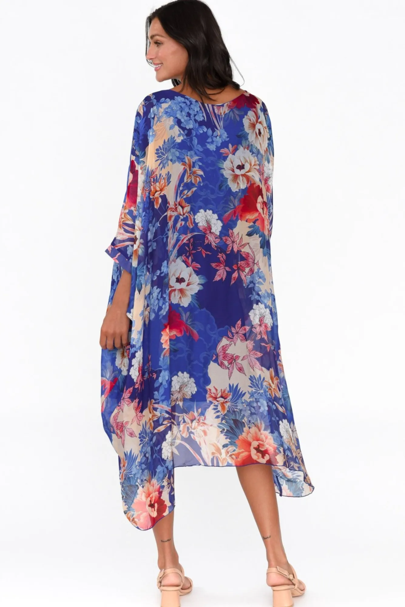 Below Knee Dresses<AE Luxe Marybeth Cobalt Floral Silk Kaftan