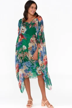 Below Knee Dresses<AE Luxe Marybeth Green Floral Silk Kaftan
