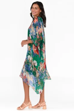 Below Knee Dresses<AE Luxe Marybeth Green Floral Silk Kaftan