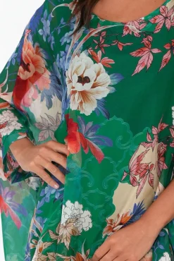 Below Knee Dresses<AE Luxe Marybeth Green Floral Silk Kaftan