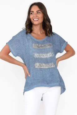 Linen Tops<La Strada Maryellen Blue Sequin Linen Top