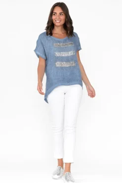 Linen Tops<La Strada Maryellen Blue Sequin Linen Top