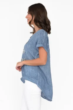 Linen Tops<La Strada Maryellen Blue Sequin Linen Top