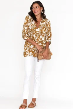 Sleeved Tops<New U Collection Marylee Mustard Garden Gathered Top